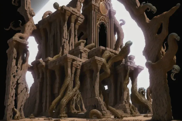 ancient crumbling temple ruins, Cthulhu mythos, abstract sculpture, organic living buildings, mycelium, fruiting bodies, Shuggoth, highly detailed, sverchok, B3D, Houdini, particle simulation, Octane Render, 8K high resolution, wood carving, broken masonry, mahogany blocks, photorealism, hyper-realism, mandala, stained glass windows, intricate organic patterns, depth of field, subsurface scattering, optical simulation, ray tracing, video synthesis, video feedback, experimental, ((extremely detailed)),