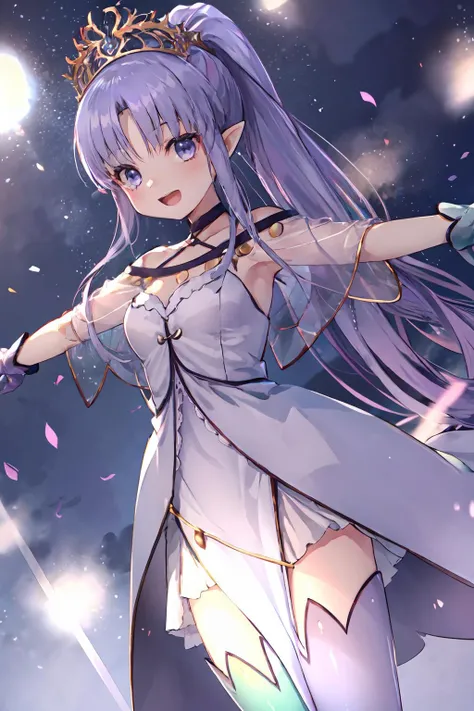 masterpiece,best quality,1girl,Medea_Lily,long hair,[light pueple hair|blue hair],ponytail,pointy ears,[light purple eyes|blue eyes],tiara,gloves,thighhighs,dress,standing,smile,open mouth,spread arms,light particles,dutch angle,<lora:medea:0.7>,