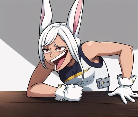 masterpiece, best quality, wheeze, wheeze meme, upper body, open mouth, laughing, 1girl, mirkomha, boku no hero academia, rabbit ears, ((dark-skinned female)), ((dark skin)), red eyes, sleeveless, white gloves, simple background, white background, <lora:MirkoMHA-v1-1:0.75>