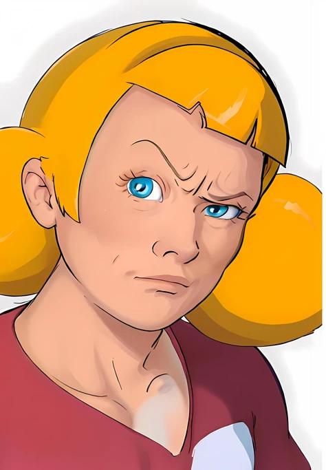 masterpiece, best quality, 1girl, penny, blonde hair, twintails, blunt bangs, blue eyes, closeup, looking at viewer, red shirt, upperbody, sketch, simple background <lora:Penny:1>, <lora:RocksEyebrowRaise:1.21> RocksEyebrowRaise, portrait, raised eyebrow, thick eyebrows