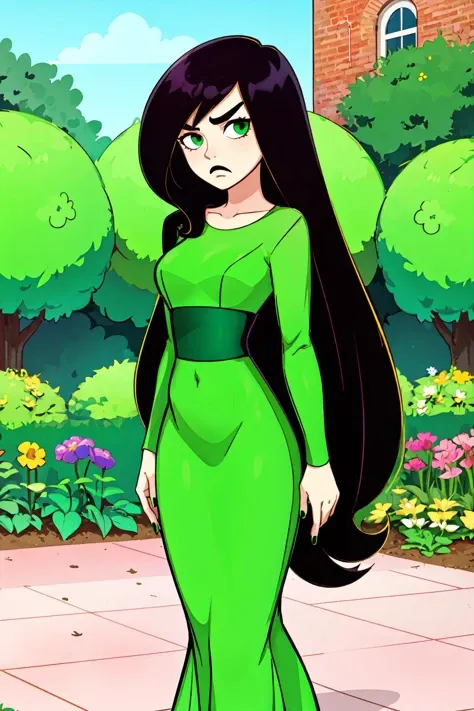 <lora:Shego:0.6> shego, 1girl, standing, solo, long hair, breasts, perky breasts, looking at viewer, black hair, (green nails:0.9), long sleeves, very long hair, green eyes, frown, green dress, black lips, outdoors, garden <lora:Function_Pointy.Breasts:0.6>