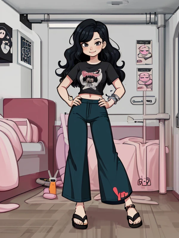 cartoon illustration, simplified forms, vibrant colors, 2d cartoon style, korean E-girl <lora:cyber_room-10:0.8> cyber_room, wavy hair, black hair, long-legged body, in early twenties, graphic t-shirt, wide-leg pants, and sandals