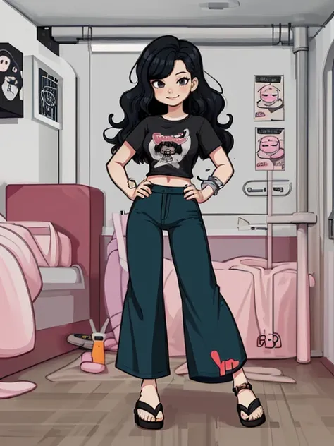 cartoon illustration, simplified forms, vibrant colors, 2d cartoon style, korean E-girl <lora:cyber_room-10:0.8> cyber_room, wavy hair, black hair, long-legged body, in early twenties, graphic t-shirt, wide-leg pants, and sandals