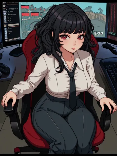 korean E-girl sitting in a gaming chair, webcam POV, gaming battlestation, wavy hair, black hair, balanced body, in early twenties, tie-front blouse, wide-leg pants, and pumps
