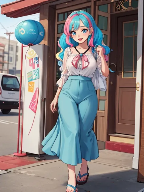young adult korean E-girl <lora:GoodHands-beta2:1>, kkw-m4k3-up, (Light cheery atmosphere :0.75), Happy, joyful, cheerful, carefree, gleeful, lighthearted, pleasant atmosphere, wavy hair, multicoloured hair, oval body, in early twenties, culottes, blouse, and sandals
