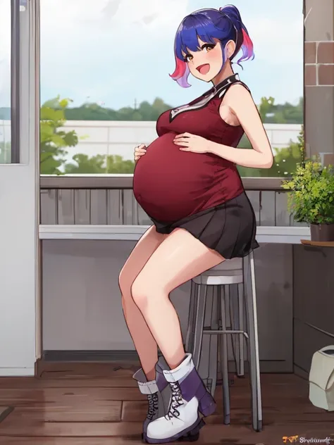 young adult korean E-girl <lora:GoodHands-beta2:1>, <lora:Very_Pregnant_Woman:1> Side View, Pregnant, (Light cheery atmosphere :0.75), Happy, joyful, cheerful, carefree, gleeful, lighthearted, pleasant atmosphere, half-up half-down hairstyle, multicoloured hair, busty body, in early twenties, sleeveless blouse, mini skirt, and ankle boots