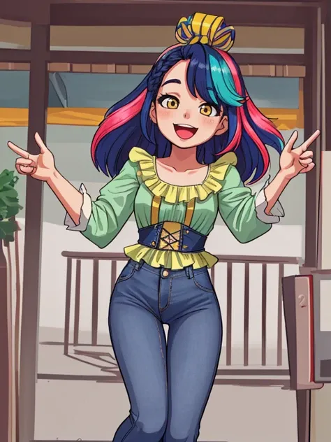 korean E-girl, (Light cheery atmosphere :0.75), Happy, joyful, cheerful, carefree, gleeful, lighthearted, pleasant atmosphere, layered hair, multicoloured hair, narrow-hipped body, in early twenties, ruffled blouse, high-waisted jeans, and pumps