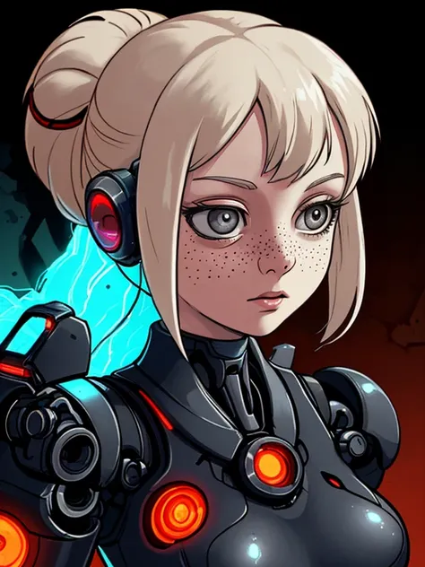 1 girl, adult (elven:0.7) woman, freckles, grey eyes, platinum blonde updo hairstyle, , BREAK portrait, solo, upper body, looking away, detailed background, detailed face, ( theme:1.1), android, biomechanical limbs, mechanical eyes, wires, advanced technology, dynamic pose, steel, nanobots, circuits, robotics, gears, techwear, powered by fire, holograms, energy pulse, reflections, neon colors, scifi battle scene in background, epic atmosphere,