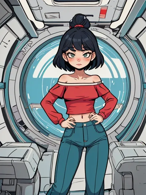 cartoon illustration, simplified forms, vibrant colors, 2d cartoon style, a woman, <lora:spaceship bridge-v1.0:1> Spaceship bridge, Asian, medium hair, petite body, off-the-shoulder blouse, high-waisted pants, and loafers