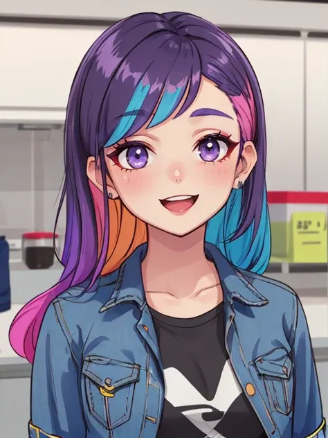 young adult korean E-girl <lora:GoodHands-beta2:1>, <lora:c0l0urmak3up:0.1> c0l0urmak3up, orange eyelashes, portrait, close-up, purple eyeshadow, (Light cheery atmosphere :0.75), Happy, joyful, cheerful, carefree, gleeful, lighthearted, pleasant atmosphere, shag hair, multicoloured hair, sculpted body, in early twenties, oversized denim jacket, t-shirt, shorts, and sneakers