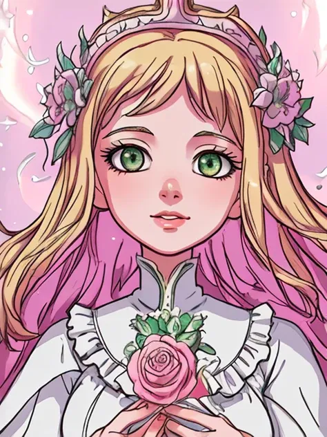 1 girl, adult (elven:0.7) woman, jade eyes, natural blonde fringe hair, , BREAK (style-swirlmagic:0.9), portrait, looking at viewer, solo, upper body, detailed background, close up, shining (victorian theme:1.1), divine deity of love, soft smile, bright eyes, flowers, (small floating hearts:0.8), pink light, pink ethereal background, majestic divine atmosphere, bright light, holy aura, bloom, divine light, white clothes,