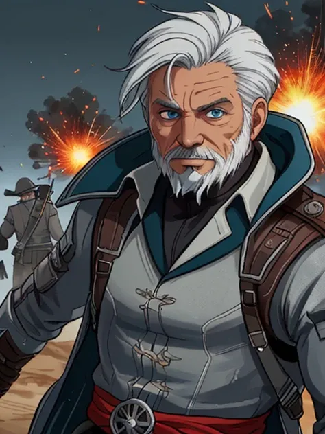 (1man, old hungarian male:1.2), wise, grey-blue eyes, white hair, fade with beard, , BREAK portrait, looking down, solo, half shot, detailed background, futuristic techwear, barbed wire, explosions, encampent, under fire, world war 1 theme, focusing, assassins creed, assassin, hidden wrist-blade, white rugged leather assassin clothes, dynamic pose, fighting, closed gate in background, floating particles, dirt, wind,