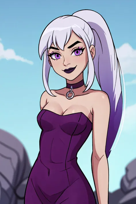 (masterpiece, best quality:1.3), Charmcaster, upper body, arms behind back, purple dress, cleavage, bare shoulders, strapless, sleeveless, very long hair, Low ponytail, white hair, bangs, solo, black lipstick, purple eyes, eyeliner, smirk, black choker, looking at viewer, outdoors, (detailed, highres:1.4), <lora:Character_Ben.10_Charmcaster:0.6> <lora:Concept_Colored.Tips:1> purple IncursioDipDyedHair, <lora:Function_Better.Hands:1> <lora:Style_Ben.10.Alien.Force:0.5> ben10af