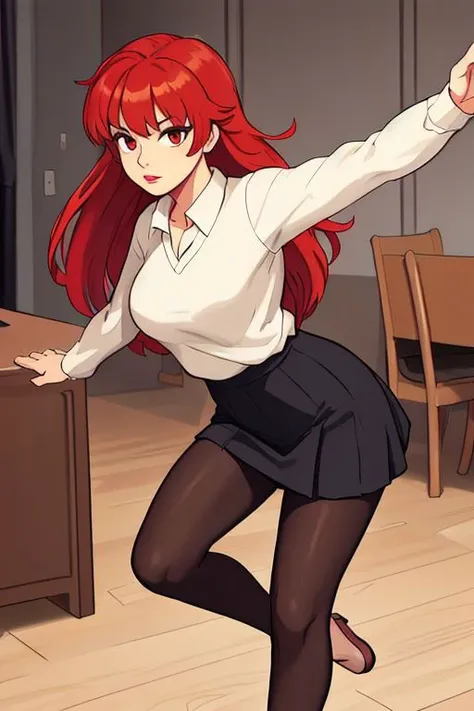 mad1sonbeer, 1girl, Striding forward with one foot ahead arms swinging naturally, black legwear, breasts, cleavage, lips, lipstick, long hair, bangs, makeup, large breasts, miniskirt, pantyhose, red hair, skirt, solo, furniture,
masterpiece, best quality, <lora:add_sharpness:1><lora:add_sharpness:1><lora:add_sharpness:1><lora:add_sharpness:1>