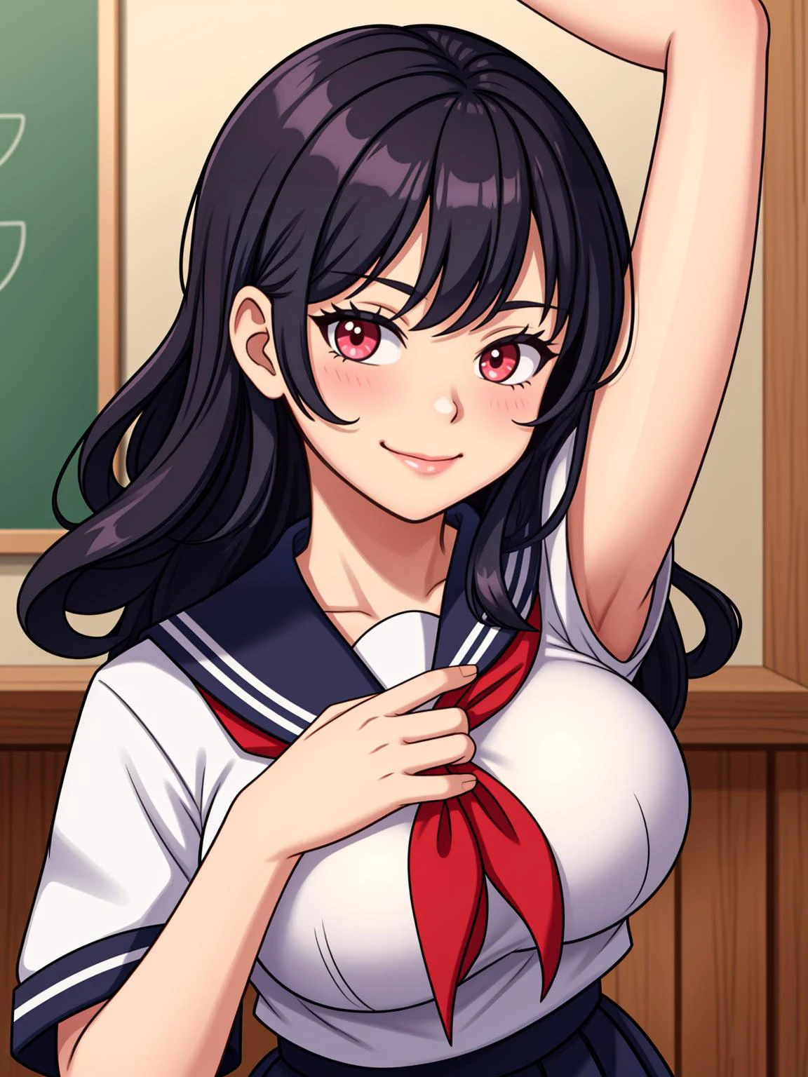 1girl, black hair, breasts, indoors, large breasts, long hair, looking at viewer, neckerchief, pleated skirt, red neckerchief, sailor collar, school uniform, serafuku, shirt, skirt, solo, breasts squeezed together, seductive smile, curly hair, arm up, armpits, fingernails,
masterpiece, best quality, intricate detail, <lora:PAseer-SD15-LCM Quick:1>