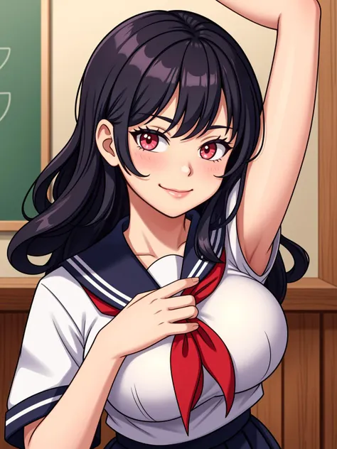 1girl, black hair, breasts, indoors, large breasts, long hair, looking at viewer, neckerchief, pleated skirt, red neckerchief, sailor collar, school uniform, serafuku, shirt, skirt, solo, breasts squeezed together, seductive smile, curly hair, arm up, armpits, fingernails, 
masterpiece, best quality, intricate detail,  <lora:PAseer-SD15-LCM Quick:1>