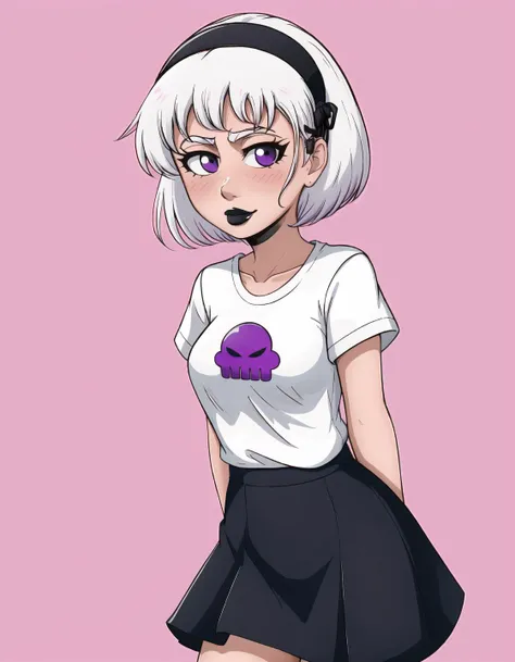 best quality, afterglow, 4k, ((masterpiece)), extremely detailed, 8k, trending on ArtStation, Intricate, High Detail, Sharp focus, rolalstart <lora:rolalstart:1>,symbol on shirt,1girl,solo,purple eyes,short hair,simple background,shirt,hairband,lipstick,white shirt,t-shirt, (white hair),black lips, <lora:more_details:0.5>, white skin, cowboy shot, chubby, outdoors, wide hips,, (Constricted pupils) <lora:constricted_pupils_v0.2a:1>