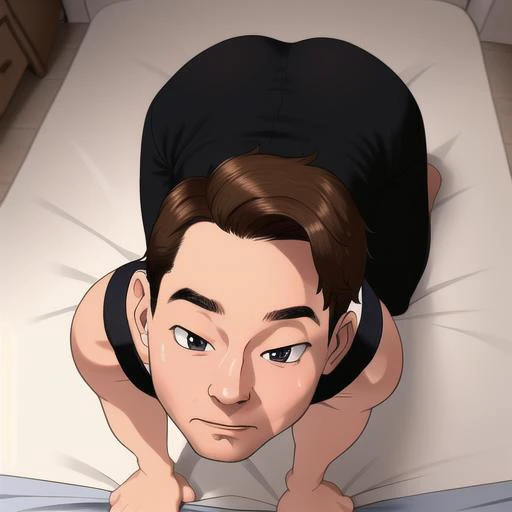 realistic, masterpiece, best quality, detailed, dim ambient lighting, bedroom, on the floor,
mature male, solo,
<lora:all fours, from above, looking up:1> all fours, from above, looking up,