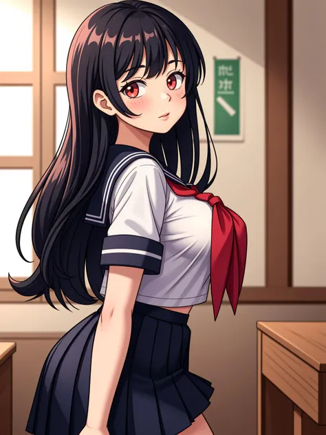 1girl, black hair, breasts, indoors, large breasts, long hair, looking at viewer, neckerchief, pleated skirt, red neckerchief, sailor collar, school uniform, serafuku, shirt, skirt, solo
masterpiece, best quality, intricate detail, <lora:PAseer-SD15-LCM Quick:1>