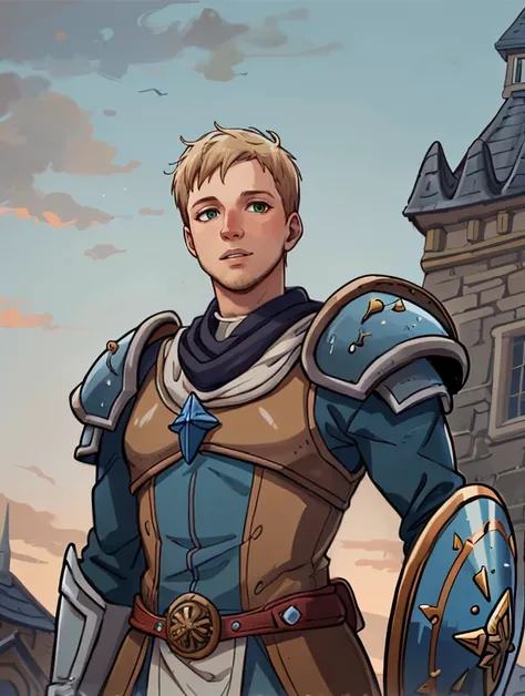 ((anonethanhayle01 )) <lora:GoodHands-beta2:1>,, BREAK solo, upper body, looking up, detailed background, detailed face, (warcraft theme:1.1), sentry, standing firm, watchful, shield, leather gauntlets, tower in background, wind blowing, low light, medieval atmosphere,