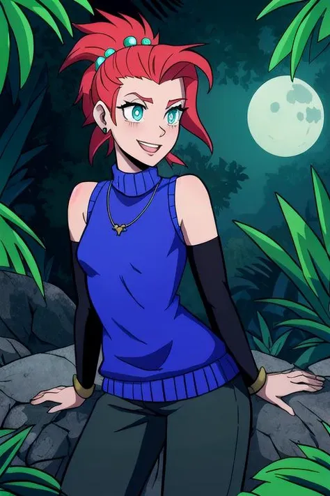SFW, 1Girl, Adult, (cute Turks:1.2) woman, sagging medium breasts, medium red mohawk hairstyle, wearing blue virginkiller sweater outfit, fluorite jewelry, Metallic Steel Gauntlets accents, glowing pupils, blue-green eyes, loving expression, statuesque ritzy half moon aura with tropical rainforest background, flat colors, cel shading, hard shadows, outlines, vector art <lora:castlevania_style_offset:0.7> castlevania style,