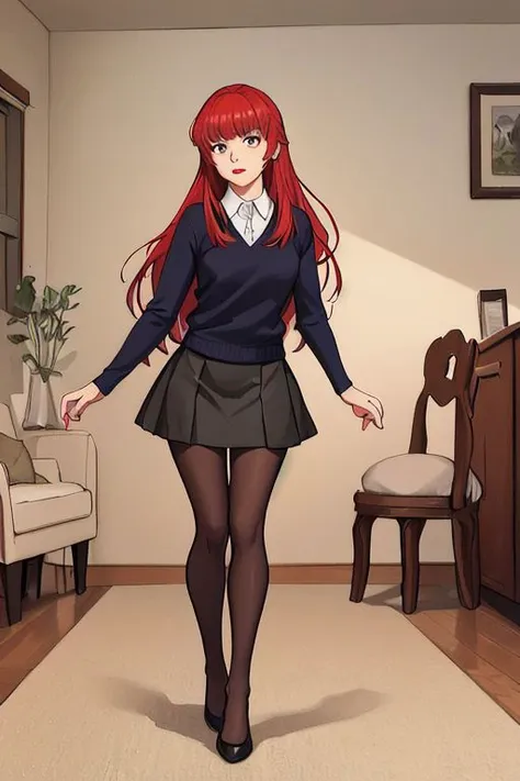 mad1sonbeer, 1girl, Striding forward with one foot ahead arms swinging naturally, black legwear, breasts, cleavage, lips, lipstick, long hair, bangs, makeup, large breasts, miniskirt, pantyhose, red hair, skirt, solo, furniture,
masterpiece, best quality, <lora:add_sharpness:1><lora:add_sharpness:1><lora:add_sharpness:1><lora:add_sharpness:1>