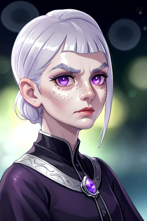 A elder Danish woman, sculpted facial features with freckled skin, shiny purple eyes with thin eyebrows, a full nose and sculpted cheekbones, small lips and strong jawline, with pupils and sulking expression, wearing open black toga outfit, subsurface scattering, ray traced, depth of field, bokeh, god rays, vivid colors, cinematic hard lighting, realistic shadows, detailed textures