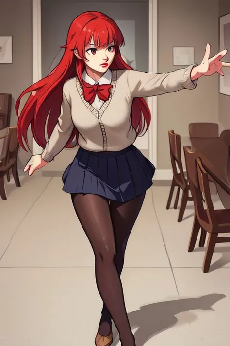 mad1sonbeer, 1girl, Striding forward with one foot ahead arms swinging naturally, black legwear, breasts, cleavage, lips, lipstick, long hair, bangs, makeup, large breasts, miniskirt, pantyhose, red hair, skirt, solo, furniture,
masterpiece, best quality, <lora:add_sharpness:1><lora:add_sharpness:1><lora:add_sharpness:1><lora:add_sharpness:1>