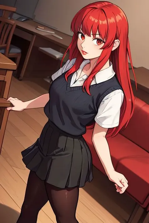 mad1sonbeer, 1girl, Striding forward with one foot ahead arms swinging naturally, black legwear, breasts, cleavage, lips, lipstick, long hair, bangs, makeup, large breasts, miniskirt, pantyhose, red hair, skirt, solo, furniture,
masterpiece, best quality, <lora:add_sharpness:1><lora:add_sharpness:1><lora:add_sharpness:1><lora:add_sharpness:1>