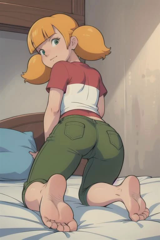 <lyco:feetaway1-000006:1.0>, on bed, indoors, feet, barefoot, ass, anime screencap, masterpiece, nice hands, nice feet, best quality, 1girl, penny, solo, blonde hair, twintails, blunt bangs, (smile:0.6), flat chest, (red shirt, single white horizontal stripe across middle of shirt), pants, (green pants), (small light green square patches on knees, reinforced knee), on stomach, foot focus, five toes on each foot, looking at viewer, full body, bedsheet
