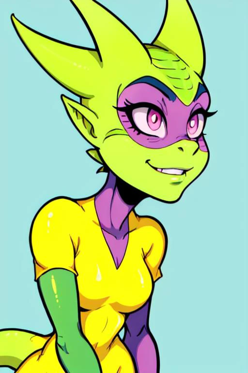 A adult cute Lizardfolk woman, refined facial features with flawless skin, serene pink eyes with prominent eyebrows, a big nose and cherub cheekbones, expressive lips and defined jawline, with pupils and blissful expression, wearing open yellow maillot outfit, simple colors, cel shading, hard shadows, outlines, vector art