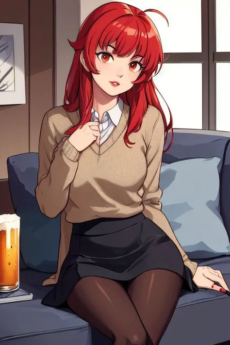 mad1sonbeer, 1girl, black legwear, breasts, cleavage, lips, lipstick, long hair, bangs, makeup, large breasts, miniskirt, pantyhose, red hair, skirt, solo, furniture,
masterpiece, best quality, <lora:add_sharpness:1><lora:add_sharpness:1><lora:add_sharpness:1><lora:add_sharpness:1>