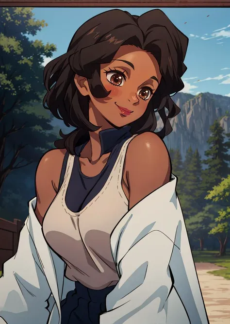 <lora:kimetsu_no_yaiba_style_offset:1> kimetsu no yaiba style, 1girl, afro, big hair, black hair, blue sky, brown eyes, brown hair, large breasts, (dark-skinned female, dark skin:1.4), lips, short hair, solo, upper body, smile, flex, tank top,
countryside, desert, wooden architecture,tree, dappled sunlight, house, path,
masterpiece, best quality, 2d, black outline, anime screencap,
<lora:add_sharpness:1><lora:add_sharpness:1><lora:add_sharpness:1><lora:add_sharpness:1>