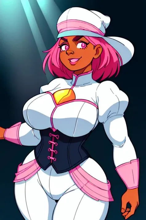 A mature fat Barbadian woman, chiseled facial features with tanned skin, warm pink eyes with thick eyebrows, a full nose and defined cheekbones, full lips and weak jawline, with glowing pupils and ecstatic expression, wearing open white corset outfit, depth of field, god rays, vivid colors, cinematic hard lighting, smooth shadows