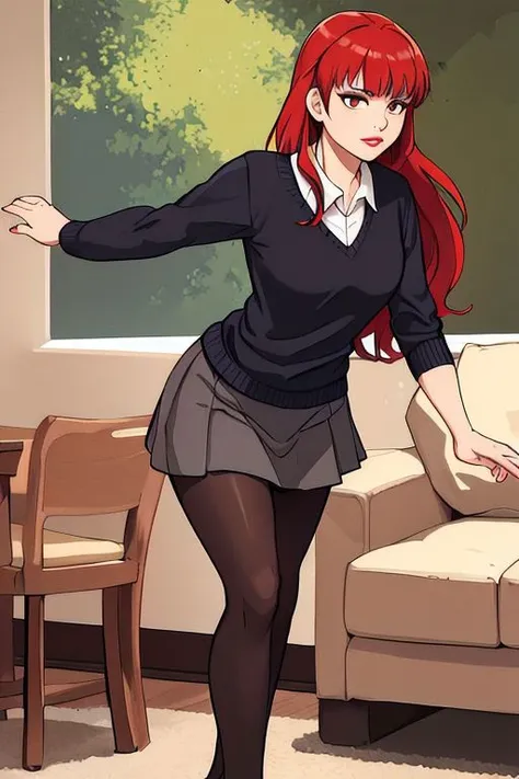 mad1sonbeer, 1girl, Striding forward with one foot ahead arms swinging naturally, black legwear, breasts, cleavage, lips, lipstick, long hair, bangs, makeup, large breasts, miniskirt, pantyhose, red hair, skirt, solo, furniture,
masterpiece, best quality, <lora:add_sharpness:1><lora:add_sharpness:1><lora:add_sharpness:1><lora:add_sharpness:1>
