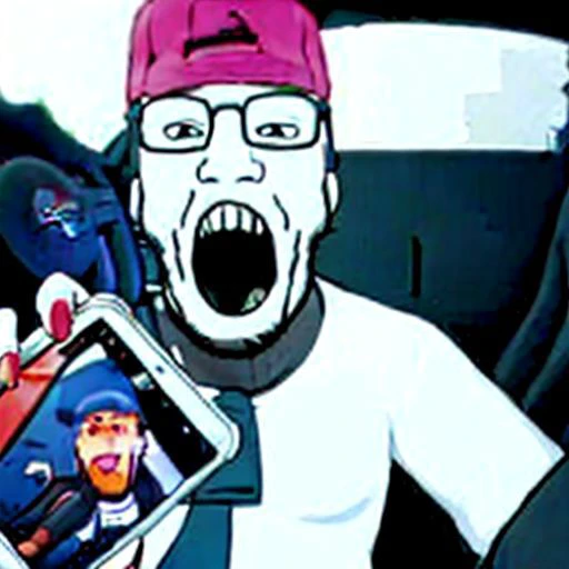 phbjcrsc, car interior, pov, phone, baseball cap, stubble, glasses , white European model, ugly face, chubby body type, anaglyph lighting, cartoon, illustration, subject, meme, variant:markiplier_gapejak, holding smartphone, big gaping mouth, mouth wide open, wide eyes, soyjak, nerd, teeth, screaming, happy, overly excited, =2>, =