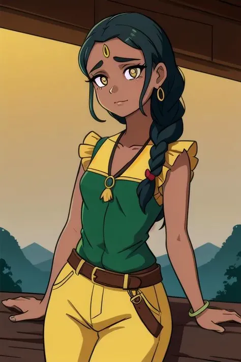 SFW, 1Girl, Adult, (cute Mauritian:1.2) woman, tiny breasts, very long green french braid hairstyle, wearing yellow trousers outfit, spinel jewelry, Hauberk accents, glowing pupils, dark grey eyes, peaceful expression, rough appealing rocky aura with boreal savanna background, dirty muddy outside ambience with hotel room background, flat colors, cel shading, hard shadows, outlines, vector art