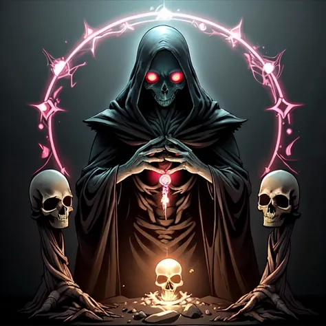 DarkFantasy digital art graphic novel by UdonCrew bioluminescent lich <lora:1651758653905247290:0.51> Skulls rule (ÃâÃ) <lora:RPGLich:0.51> lich with ((glowing eyes)) and robe, jewelry, weaving dark magics, <lora:BoneMagic:0.38> bonemagic , energy stream
