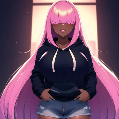 masterpiece, best quality, 1girl, (sfw:1.2), oversized hoodie, <lora:Snacks:0.8>, snacks, pink hair, long blinding bangs