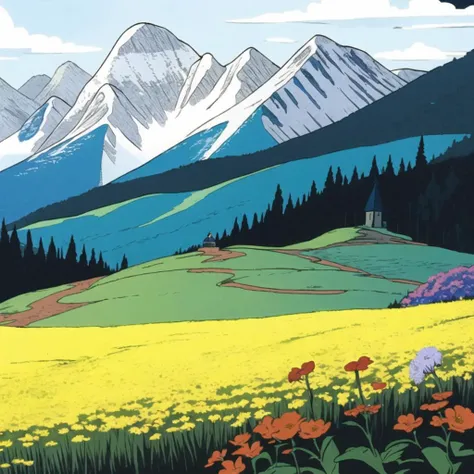 masterpiece, best quality, landscape, mountain, flowers, field, vivid colors, <lora:Dr. Seuss Gloomy-000008:0.8>