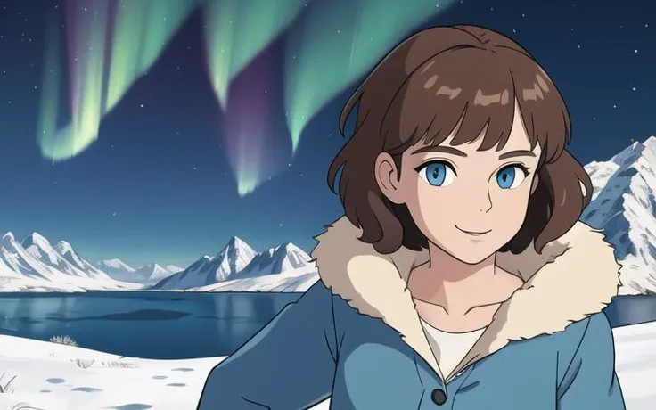 (8k, RAW photo, best quality, masterpiece:1.2), perfect eyes, perfect face, perfect lighting, beautiful, medium breasts, skinny, (masterpiece:1.2), (best quality:1.2), 1woman, mature, halfbody, flat shaded style animation, solo, light smile face, (profiles:0.4), look at viewer, brown hair, blue winter coat, short hair, wavy hair, blue eyes, aurora borealis, mountains <lora:studioGhibliStyle_offset:0.7>