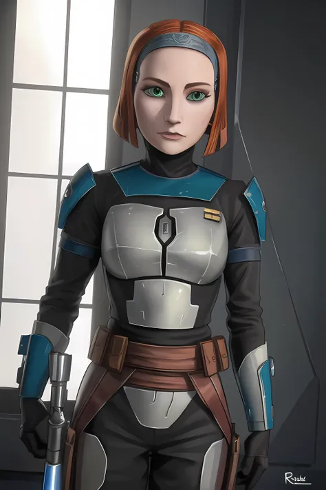 bokatan, (8k, RAW photo, best quality, masterpiece:1.2), (intricate details), perfect eyes, perfect face, perfect lighting, beautiful, (masterpiece:1.2), (best quality:1.2), 1woman, mature, solo, look at viewer, armor, short hair, redhead, green eyes, <lora:bokatan-10:0.75>
