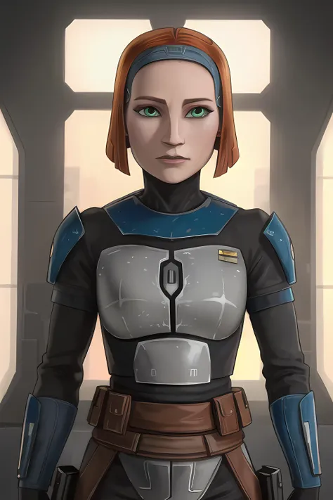 bokatan, (8k, RAW photo, best quality, masterpiece:1.2), (intricate details), perfect eyes, perfect face, perfect lighting, beautiful, (masterpiece:1.2), (best quality:1.2), 1woman, mature, solo, look at viewer, armor, short hair, redhead, green eyes, <lora:bokatan-10:0.75>