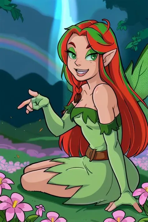 (Illusen), 1girl, looking at viewer, laughing, laying in flowers, rainbow aura, gloves, dress, bare shoulders, sitting, braid, wings, pointy ears, elbow gloves, fingerless gloves, strapless, makeup, leaf, green gloves,nature loving scene, sunshine, godrays, depth of field, bokeh, god rays, vivid colors, cinematic hard lighting, smooth shadows, <lora:Illusen-000016:.6>