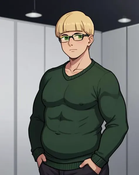 1boy, blonde hair, bowl cut, glasses, chubby face, covered pectorals, green sweater, knit sweater, (muscular male:0.8), hands in pockets, [(covered abs:1.2):0.3]