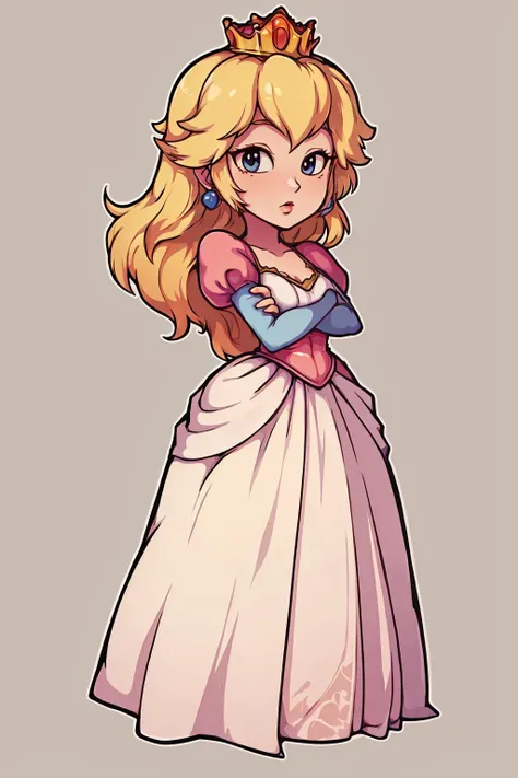 (best quality, masterpiece),
(princess peach), simple background, full body, (solid outline:1.2), <lora:peach:0.5>,<lora:easy_sticker:1>