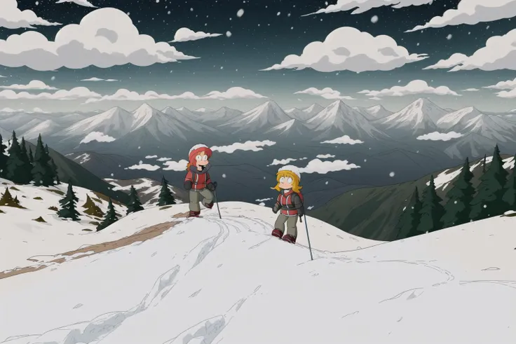 cartoon, hiker on a mountain top, snow, ice, clouds, highest quality, masterpiece, 8k uhd <lora:simpsons:1>