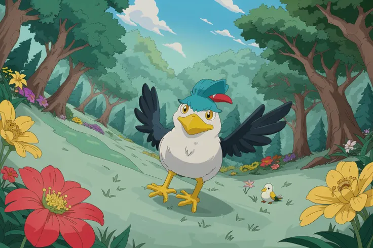 cartoon, a bird hopping around in a grass clearing in a forest full of trees with exotic flowers, view from low angle, highest quality, masterpiece, 8k uhd <lora:simpsons:1>