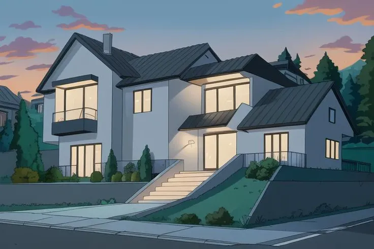 cartoon, beautiful modern house, architectural design, on a hill, highest quality, masterpiece, 8k uhd <lora:simpsons:1>