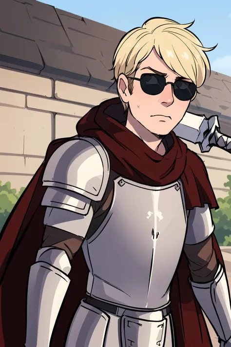 best quality, afterglow, 4k, ((masterpiece)), extremely detailed, 8k, trending on ArtStation, Intricate, High Detail, Sharp focus, good hands, nice hands, <lora:GoodHands-beta2:1>, 1boy, (adult male), (muscular male), davestrider <lora:davestrider-21:0.7>, blonde hair, sunglasses, shades, (((knight))), (((armor))), (((plate armor))), ((cape)), ((holding weapon)), (((sword)))